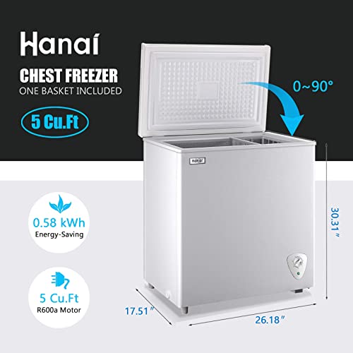 5.0 Cubic Feet Deep Chest Freezer Compact Freezers with Adjustable Thermostat Top Open Door with Removable Storage Basket for Home Kitchen and Bar
