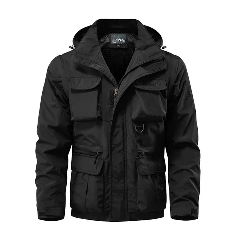 KUZMAIR Mens Outdoor Jacket with Removable Sleeves Multiple Pockets Hood Coat Hiking jacket with Hoody (US Alpha Large Regular Regular Black)