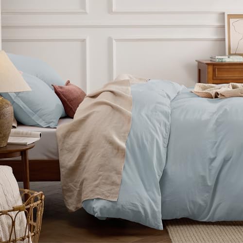 Bedsure 100% Stone Washed Cotton Duvet Cover Queen - Cornflower Blue Minimalist Duvet Cover Linen Like for All Seasons - GentleSoft™ Plain Simple Bedding (Cornflower Blue, Queen, 90"x90")