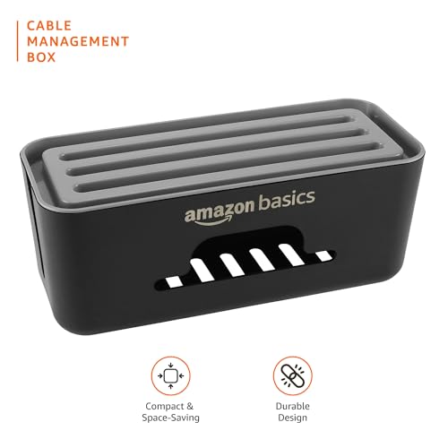 Image of Amazon Basics - Cable Management Box with Mobile Stand - Power Strip, Cords, Wires | Surge Protector Hiding Cover Organizer for Home, Office (Black)