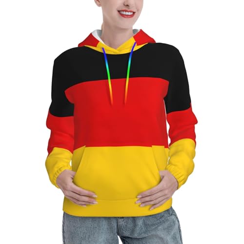 FMASWEQ Stilvoller Damen-Kapuzenpullover mit deutscher Flagge, Kängurutasche, elastische Bündchen, perfekt für Frühling, Herbst und Winter, Schwarz , M