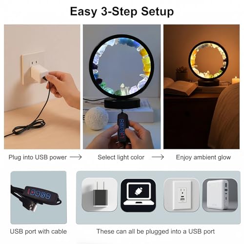 Image of AMOYSTONE Natural Chakra Crystal Night Light with USB, Mixed Stones Round Meditation Lamp with 3-Color Control for Bedroom, Office & Home Decor (Push Button Switch)