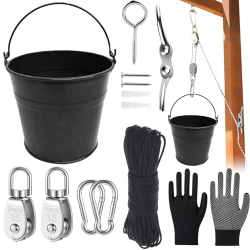 Flaschenzug mit Metalleimer,Zubehör fürs Baumhaus Spielturm,Spielturm Zubeh,ZubehöR Spielhaus Outdoor,Riemenscheibensystem Zubehör,iemenscheibe mit eimerkabel,Gartenspielzeug