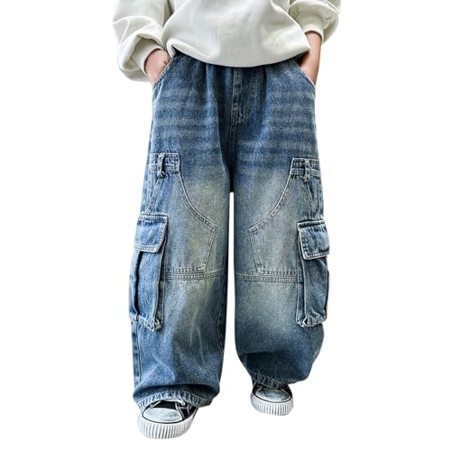 Girls Boys Y2k Streetwear Wide-Leg Jeans Pants Cool Hip Pop Trendy Straight Denim Trousers Zipper Pocket Baggy Cargo Pants