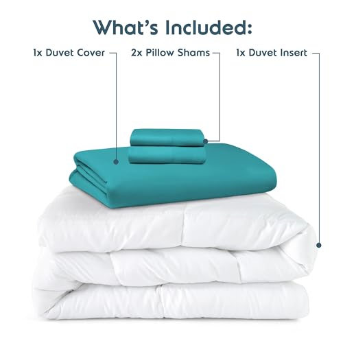 Nestl California King Duvet Cover Set with Comforter Insert - Teal 4 Piece 104x98 Duvet Cover & 2 Pillow Shams with White Quilted Down Alternative Comforter, Ultra Soft, All Season