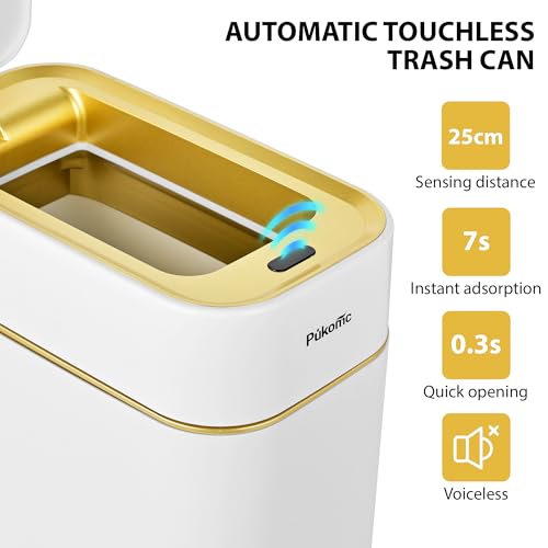 Image of Pukomc 2.3 Gallon / 9L Automatic Adsorption Sensor Trash Can | White Gold Motion Sensor Garbage Bin with Suction, Slim Fashionable Design for Kitchen, Bathroom, Office & Small Space