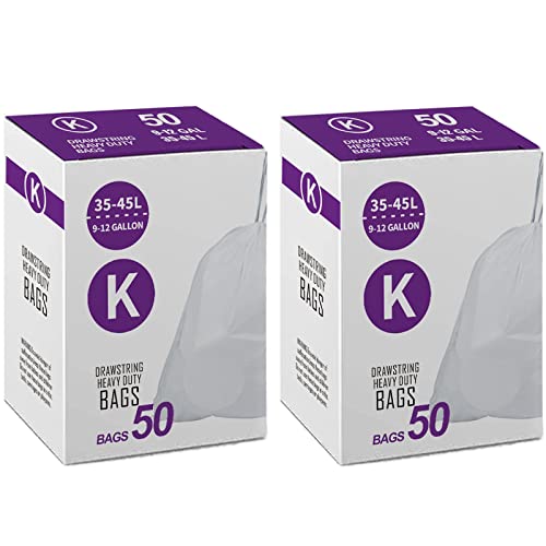 Code K Heavy Duty Trash Bags 1.2 MIL THICK Compatible with simplehuman Code K | 9-12 Gallon / 35-45 Liter Drawstring White Garbage Can Liners Heavy Duty Plastic Trash Bags 50 Count 2 Packs