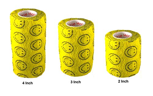 Image of Vet Wrap Wrap Tape (Yellow with Smiles) (2 Pack) (4 Inch x 15 feet) Self Adhesive Adherent Adhering Cohesive Flex Self Stick Bandage Grip Roll Dog Cat Pet Horse