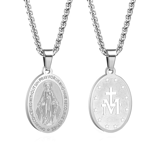 ZAULER Stainless Steel Saint Virgin Mary Medal Necklace for Men Women 24 In Religious gifts