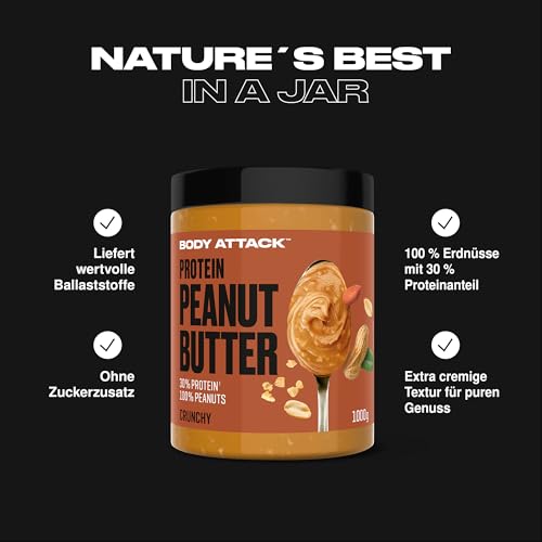 Body Attack Peanut Butter Crunchy, 1kg - Erdnussbutter mit Stückchen, 30% Protein ohne Zuckerzusatz, vegan, ohne palmöl