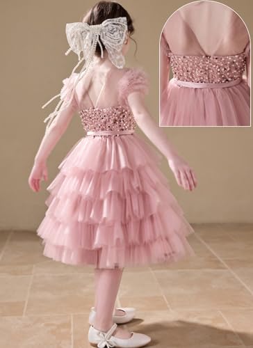 Sequin Flower Girl Dresses for Wedding Layered Tulle Princess Pageant Ball Gown Short Sleeves Formal Birthday Party3