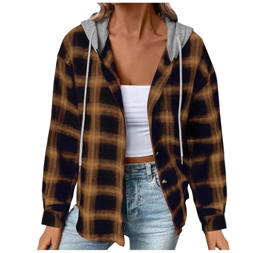 Women Plaid Hooded Shirt Drawstring Flannel Hoodie Jacket Casual Button Down Blouse Tops Fall Fashion Outfits