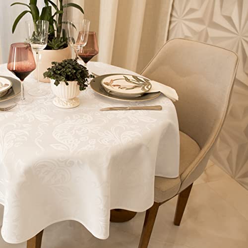Toalha Mesa Imperme&aacute;vel 4 A 6 Lugares 1,70m Jacquard Redonda (Medalh&atilde;o Branco)