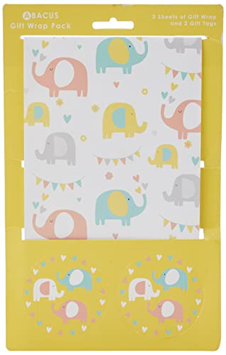 Abacus 10007AElephant Fun Gift Wrap Pack with 2 Sheets/Strung Tags FULLY RECYCLABLE 500mm x 700mm