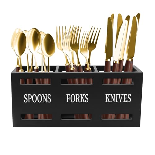 Les-Theresa Organisateur de Couverts Boite, Range Couvert Vertical Bois, 3 Compartiments 25,5 X 8,7 X 11 CM Pot à Ustensiles de Cuisine, pour Argenterie, Fourchette, Cuillère, Spatule (Noir)