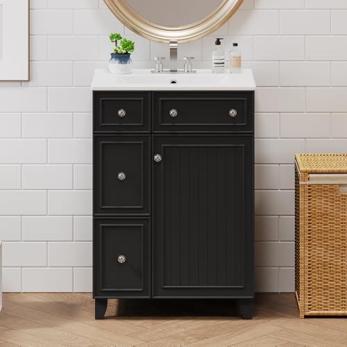 Image of 24 Inch Bathroom Vanity with Ceramic Sink, Freestanding Vanity Cabinet with 2 Drawers and 1 Door (Black)