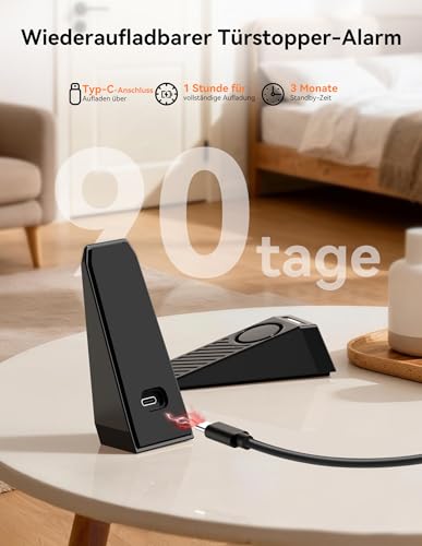 TECKNET Türstopper Alarm, Türalarm mit Ton- und Licht-Doppelalarm, Tragbare Tür Alarmanlage, Wiederaufladbare Türkeil Alarm mit Langer Akkulaufzeit, Door Stop Alarm für Zuhause, Hotel und Reisen