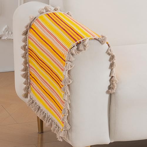 Image of HOKIPO 'Artisan Boho Series' 450 GSM Sofa Arm Cover | Cotton Acrylic Jacquard Fabric Armrest Cover with Tassel, 50x70 cm, 1 Pair, Mustard Yellow (IN-899-A1*2SC)