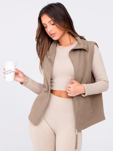 Glamaker Womens Fleece Vest Top Sleeveless Fuzzy Zip Up V Neck Sherpa Jacket Casual Outwear with Pocket2