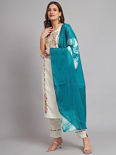 Image of VredeVogel Women's Cotton Blend Kurta Pant Set with Chanderi Silk Dupatta