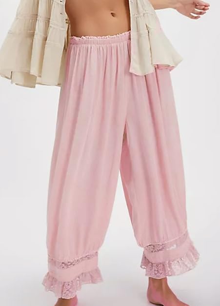 Image of UAURORAO Women Lace Trim Long Bloomers Elastic Mid Rise Ruffle Pantaloons Cropped Flared Slips Pants Pajama Bottoms