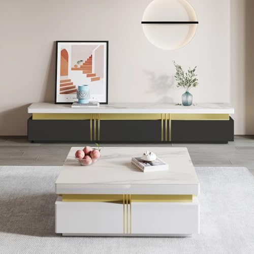 Image of Luxury Joyce Modern TV Unit /Console - 70 inch Naino Compsit Marble Top, 3 Drawer Storage - White & Gold Finish - Scratch Resistant, Waterproof Plywood - Living Room Media Cabinet (Black)