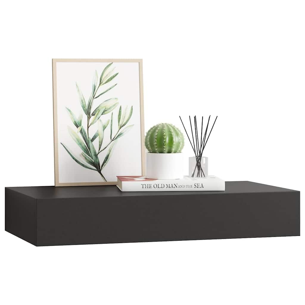 Estantería flotante negra con cajón, 48 x 25 x 8 cm, tablero de fibra de densidad media, moderno para libros, decoración, cocina, baño, sala de estar