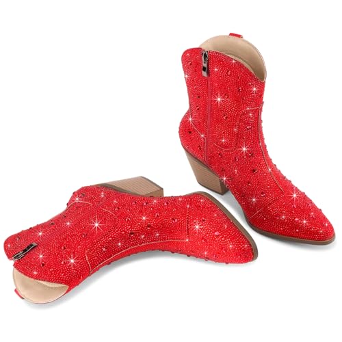 Image of Cowgirl Ankle Boots Cowboy Boots for Women Western Booties Rhinestone Chunky Heel Fashion Comfortable Side Zipper