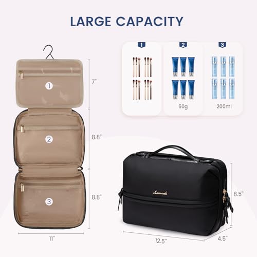 LOVEVOOK Travel Toiletry Bag With Hanging Hook for Women, Puffy Cosmetic Makeup Bag Organizer with Vegan Leather Handle for Accessories, Essentials, Toiletries，Black3