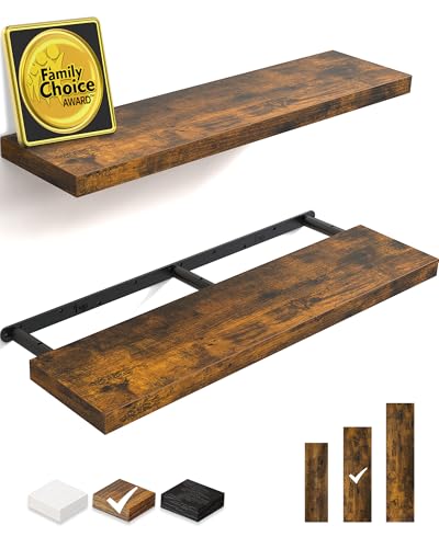 BAYKA Floating Shelves, 36 inches Long Wall Mounted Rustic Wood Shelves for Bathroom, Bedroom, Living Room, Kitchen, Office, Hanging Shelf for Books/Storage/Decor(Rustic Brown,Set of 2)