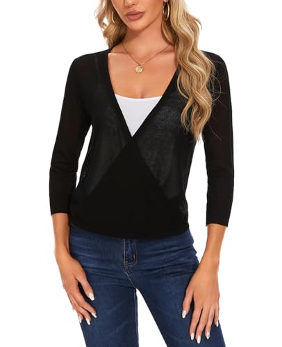 Image of MINTLIMIT Women's Tie Front Cardigan Casual 3 /4 Sleeve Bolero Shrug Knotted Lightweight Sheer Shrug Cardigan Sweater Top