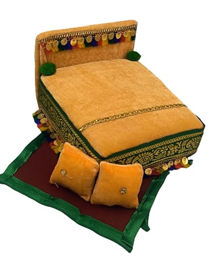 Image of RD Handicraft Thakur ji Bed, Laddu Gopal ji Bed, Bal Gopal ji Bed with Blanket Silk All Purpose Bed |Peach (17x16x10 cm)