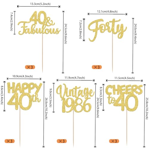 Image of 15 PCS 40th Birthday Centerpiece Sticks Double Sided Forty Happy 40th Vintage 1986 Table Flower Centerpieces Sticks Cheers to 40 Fabulous Floral Decorations for 40th Birthday Party Supplies Gold
