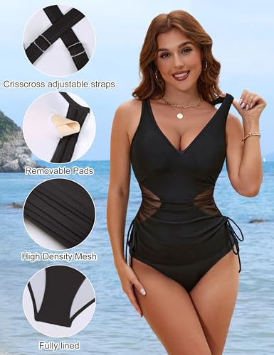 BMJL Womens One Piece Swimsuit Mesh Tummy Control Bathing Suit V Neck Cut Out Adjustable Straps Swimwear2