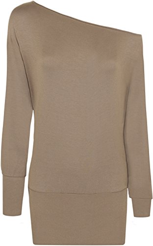 WearAll Ladies Off Shoulder Batwing Long Sleeves Plain T-Shirt Womens Tunic Top - Mocha - 8-10