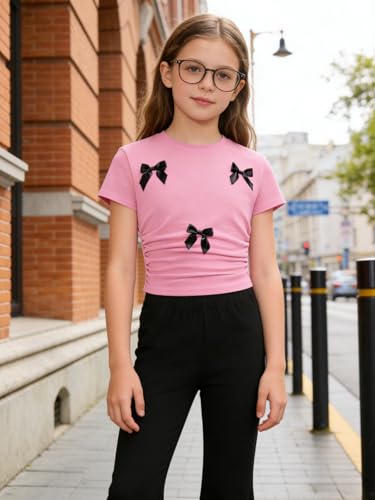 Image of Girls Clothes 2 Piece Short Sleeve Lace Bow Print Tops Flared Pants Set Little Girl Outfits Size 7-14