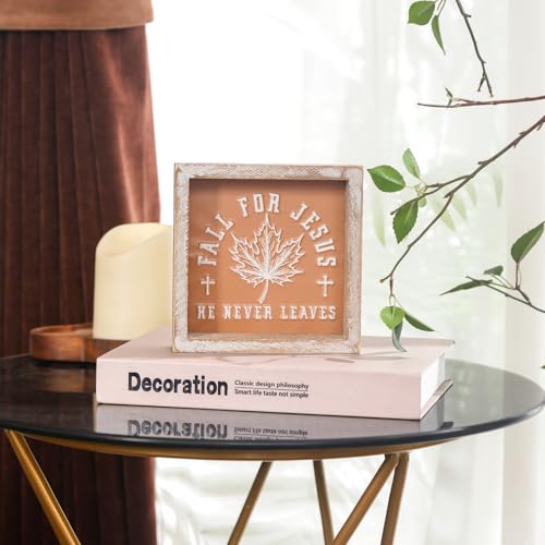 Image of Embossed Orange Fall Leaf Sign, Farmhouse Autumn Decorations, Wooden Fall Tiered Tray Decor for Shelf Cubicle Desk Mantel, Rustic Thanksgiving Table Decor