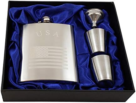 USA Flask Gift Set - 7 oz Flask Engraved with American Flag