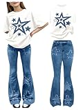 WDIRARA Girl's 2 Piece Outfits Star Denim Print Short Sleeve T Shirt and Bell Bottom Flare Pants Sets Multicolor 8Y