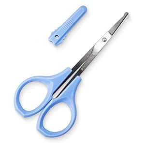 Humbee Eyebrow Scissors, Small Scissors for Facial, Nose, Eyebrow, Mustache, and Beard Hair Trimming & Grooming, Safety Edge, Blue Short Cap