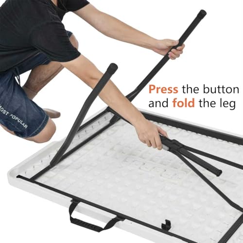 Image of Amazon Basics Heavy Duty Portable Folding Table, 6 ft, Indoor & Outdoor, Fold-in-Half Design with Carrying Handle, White | Portable