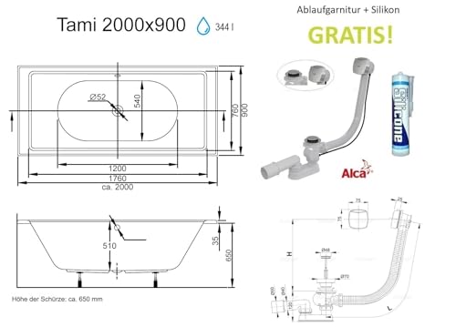 ECOLAM Badewanne Tami 200x90 cm + Schürze | moderne große Wanne für zwei Personen Duo Wanne | Acrylwanne Rechteck Top QUALITÄT I Ablaufgarnitur Füße Silikon Komplett-Set Design – Bild 7