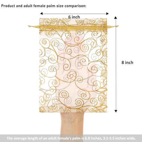 Image of Staruby Organza Gift Bags 50 Pcs Gold Sheer Organza Bag 6x8 Inch Mesh Favor Bags Drawstring Jewelry Rattan Printed Gift Pouches for Wedding Party Favors Couple Shower Christmas Gifts Candy Bags