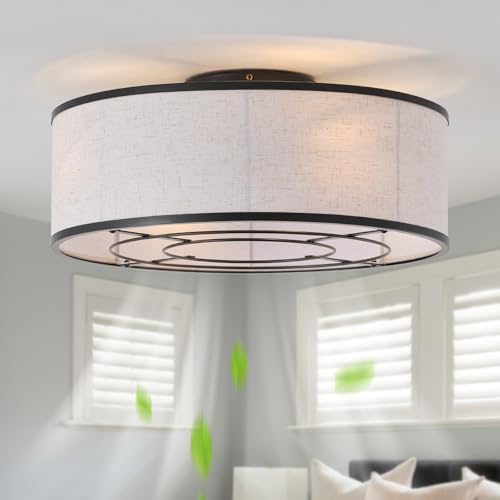 Image of 20 inch Black Low Profile Ceiling Fans with Lights, Boho Flush Mount Ceiling Fan with Light and Remote, Rattan with 6 Speeds for Bedroom, Nursery, Living Room