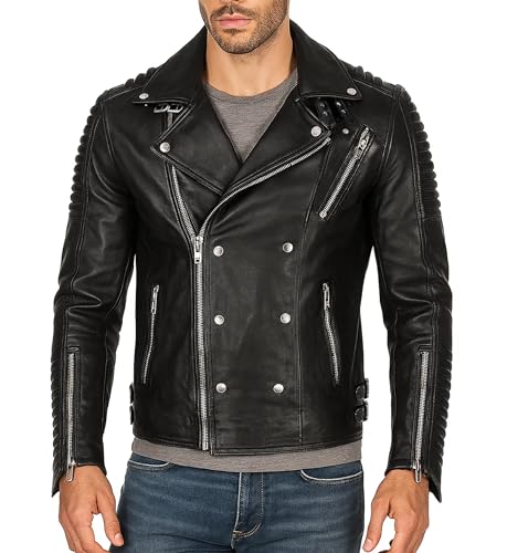 Mens Punk Rock Brando Biker Studded Multi Zipper Belted Quilted Motorcycle Black Leather Jacket