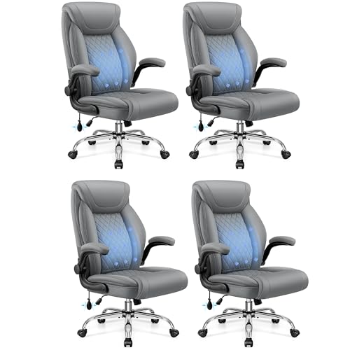 Image of BestGlory Executive Office Chair with Lumbar Support, Big and Tall Ergonomic Computer Desk Chair, Leather Comfy High Back Gaming Chair with Flip Up Arms & Rocking Function for Home Office, Gray