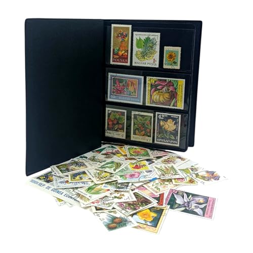 IMPACTO COLECCIONABLES – Collection des 100 timbres sur le thème des fleurs et plantes avec album inclus (14x18x1cm) | Élevez votre collection philatélique avec des timbres, dans un album élégant