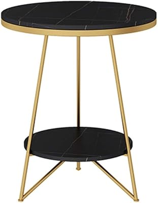 ZHIRONG Marble Slate Side Table Living Room Mini Small Round Table Golden Wrought Iron 2-Tier Sofa Corner Table Coffee Table (Color : Black, Size : 50x60CM)