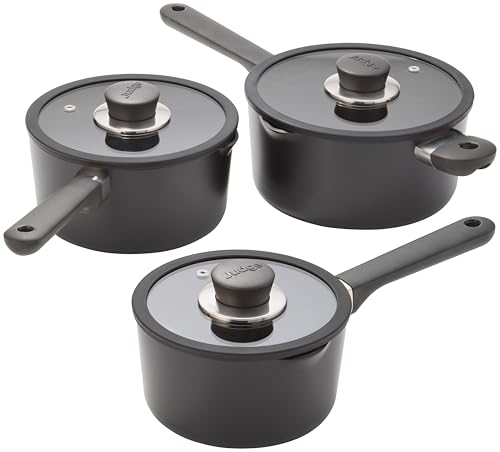 Judge Vista Ceramic 3-Piece Draining Saucepan Set – Aluminium Base with Non-Stick Ceramic Coating, Stay Cool Handles, Induction Compatible – Includes 16cm, 18cm & 20cm Draining Saucepans