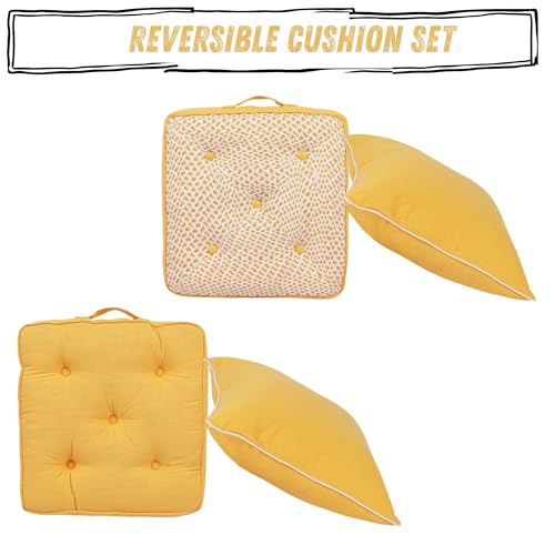Image of Yellow Woven Quilted Floor Cushion Set 60x60x10 CM with Fillers & Back Cushion, Large Size for Seating, Patio Seat, Meditation, Yoga, Pooja, Guests, Living 24x24x4 Inch